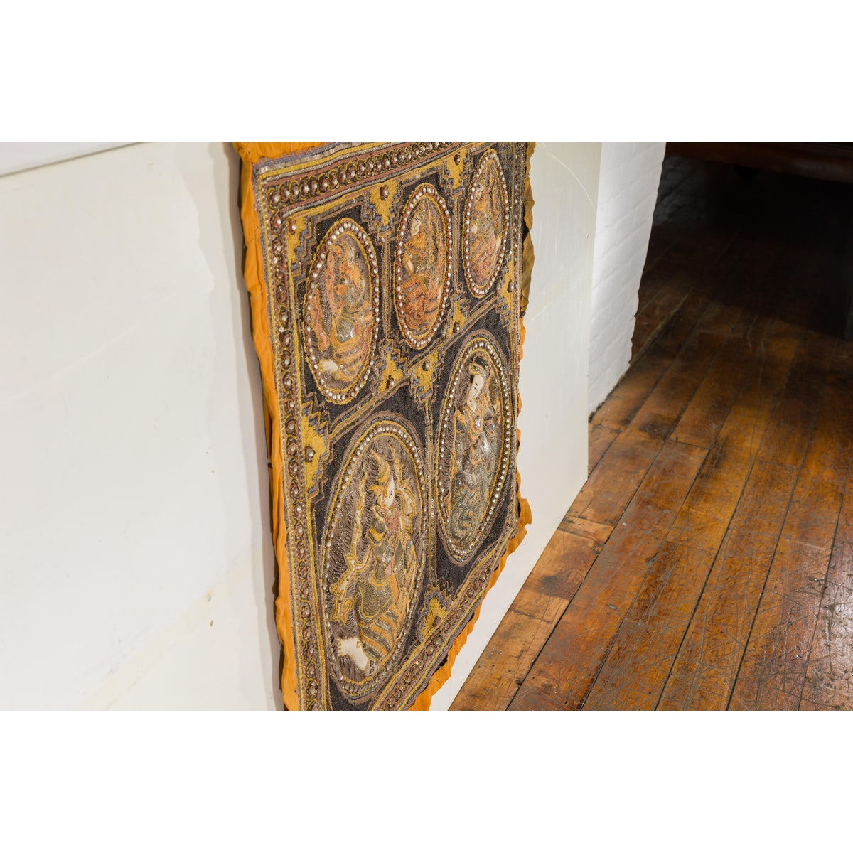 Orange and Yellow Antique Tapestry with Sequins-15. Asian &amp; Chinese Furniture, Art, Antiques, Vintage Home Décor for sale at FEA Home