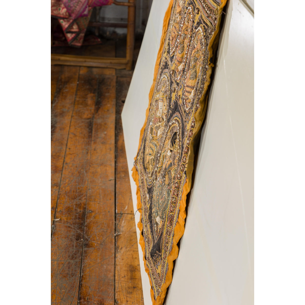 Orange and Yellow Antique Tapestry with Sequins-16. Asian &amp; Chinese Furniture, Art, Antiques, Vintage Home Décor for sale at FEA Home