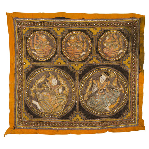 Orange and Yellow Antique Tapestry with Sequins-YN7939-1-Unique Furniture-Art-Antiques-Home Décor in NY