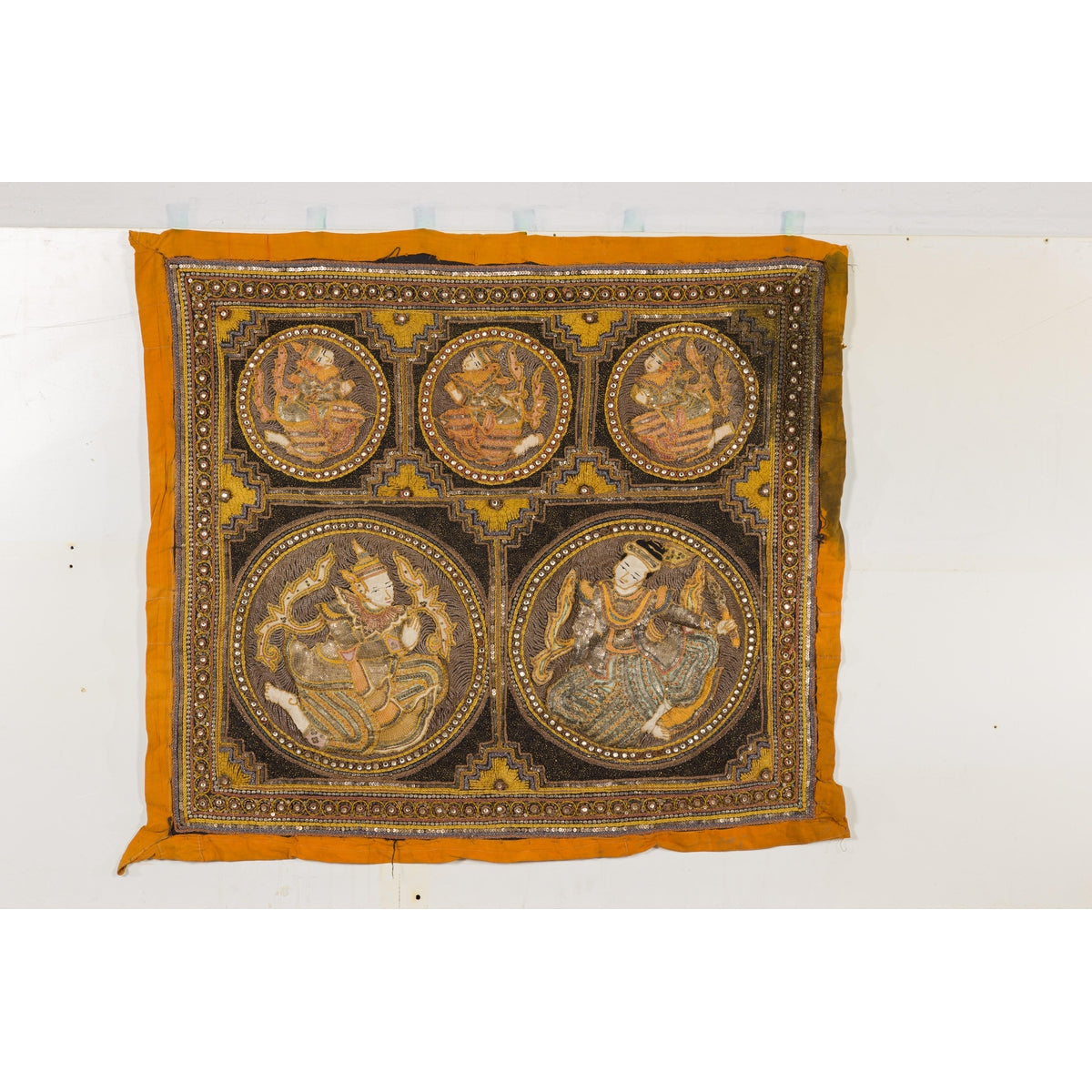 Orange and Yellow Antique Tapestry with Sequins-2. Asian & Chinese Furniture, Art, Antiques, Vintage Home Décor for sale at FEA Home
