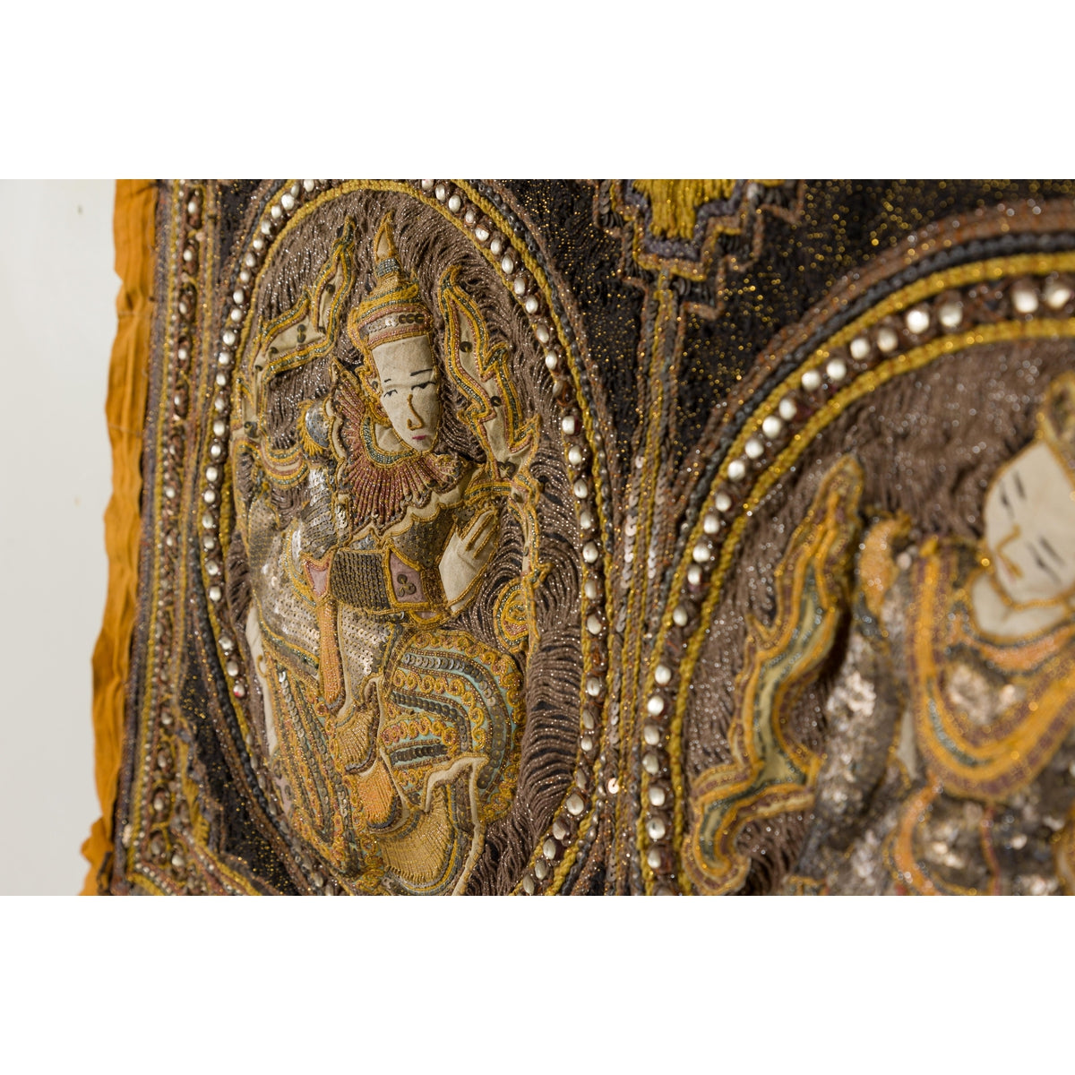 Orange and Yellow Antique Tapestry with Sequins-8. Asian &amp; Chinese Furniture, Art, Antiques, Vintage Home Décor for sale at FEA Home