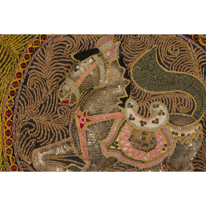 Embroidered Kalaga Gold and Red Tapestry with Horse, Elephant and Sequins-YN7940-10. Asian & Chinese Furniture, Art, Antiques, Vintage Home Décor for sale at FEA Home