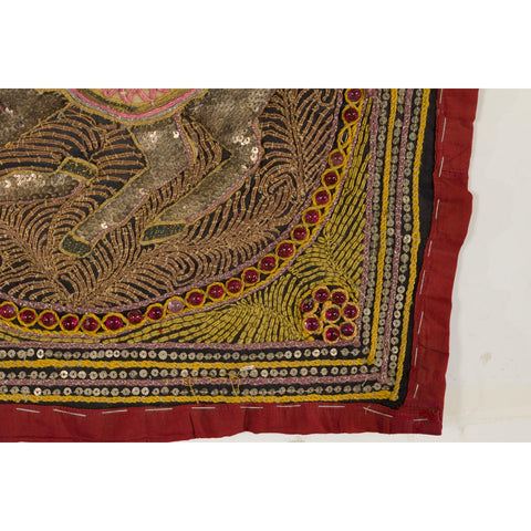 Embroidered Kalaga Gold and Red Tapestry with Horse, Elephant and Sequins