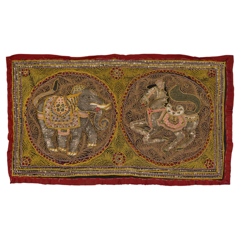 Embroidered Kalaga Gold and Red Tapestry with Horse, Elephant and Sequins-YN7940-1. Asian & Chinese Furniture, Art, Antiques, Vintage Home Décor for sale at FEA Home