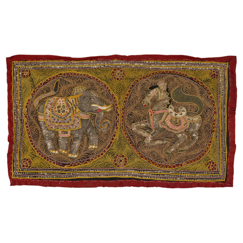 Embroidered Kalaga Gold and Red Tapestry with Horse, Elephant and Sequins-YN7940-1-Unique Furniture-Art-Antiques-Home Décor in NY
