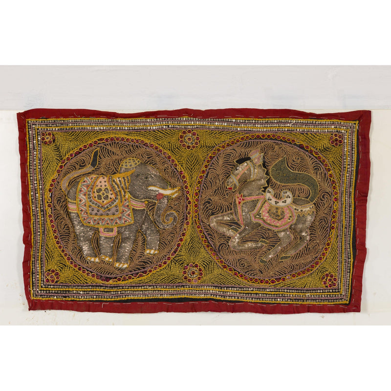 Embroidered Kalaga Gold and Red Tapestry with Horse, Elephant and Sequins-YN7940-2. Asian & Chinese Furniture, Art, Antiques, Vintage Home Décor for sale at FEA Home