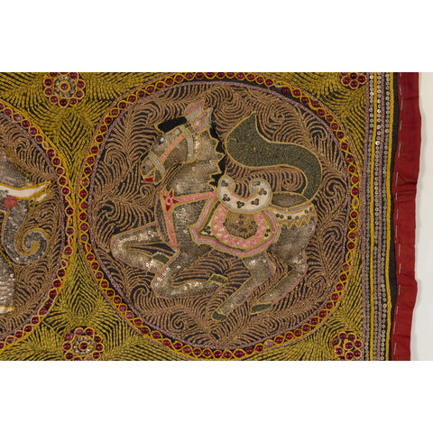 Embroidered Kalaga Gold and Red Tapestry with Horse, Elephant and Sequins-YN7940-4. Asian & Chinese Furniture, Art, Antiques, Vintage Home Décor for sale at FEA Home