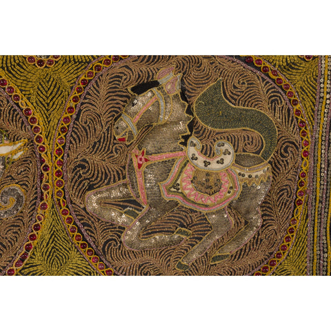 Embroidered Kalaga Gold and Red Tapestry with Horse, Elephant and Sequins-YN7940-9. Asian & Chinese Furniture, Art, Antiques, Vintage Home Décor for sale at FEA Home