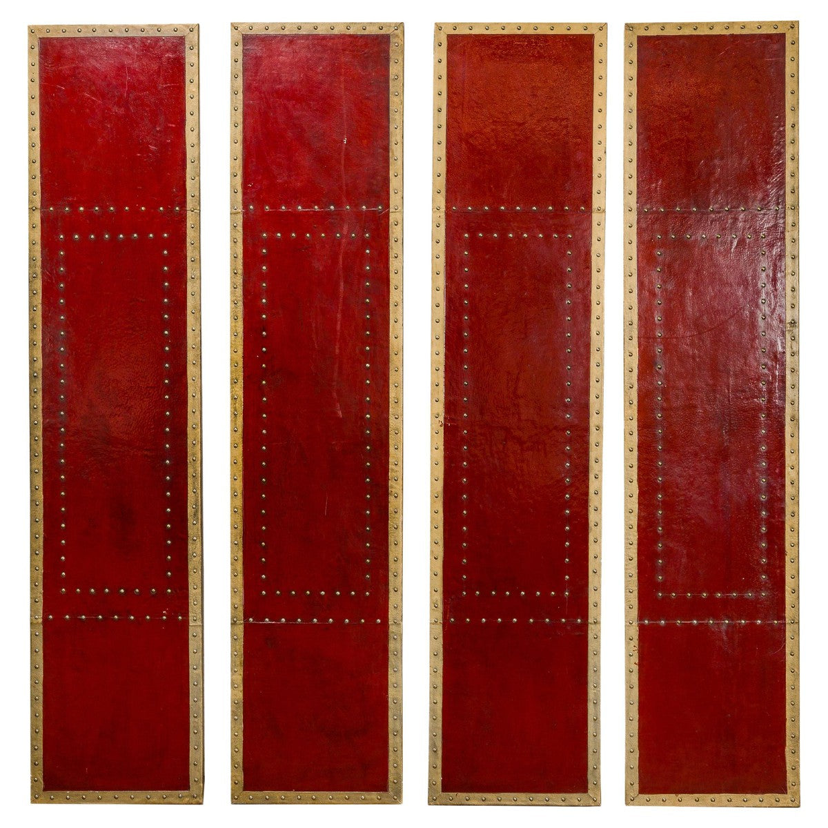 Red Lacquered Leather Four Panels with Brass Nailheads Accentuation, Vintage-1. Asian & Chinese Furniture, Art, Antiques, Vintage Home Décor for sale at FEA Home