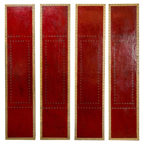 Red Lacquered Leather Four Panels with Brass Nailheads Accentuation, Vintage-YN7946-1. Asian & Chinese Furniture, Art, Antiques, Vintage Home Décor for sale at FEA Home