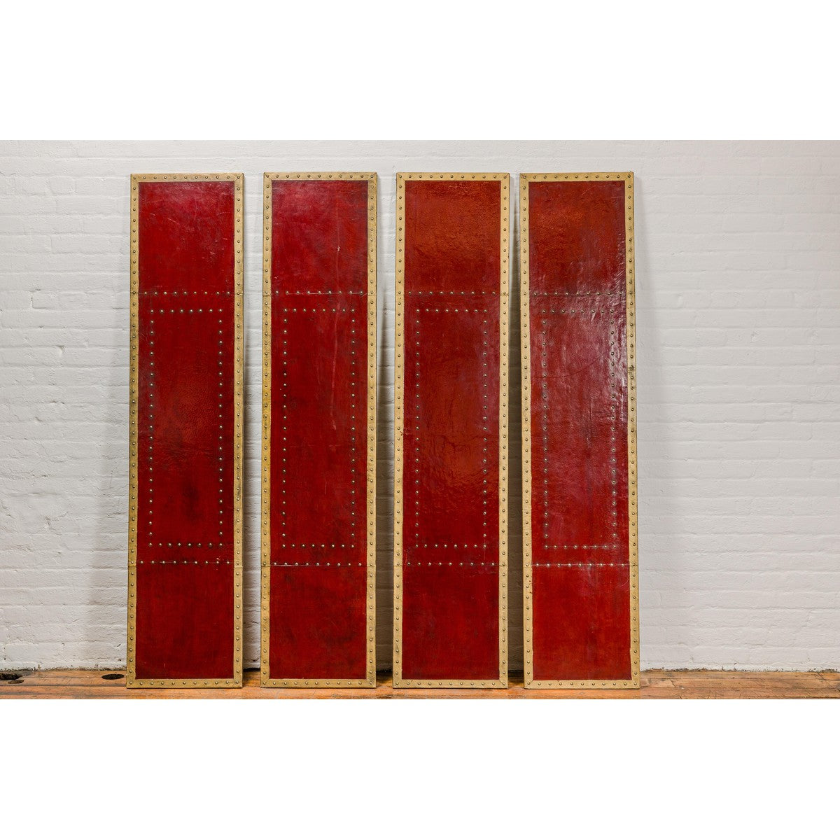 Red Lacquered Leather Four Panels with Brass Nailheads Accentuation, Vintage-2. Asian & Chinese Furniture, Art, Antiques, Vintage Home Décor for sale at FEA Home