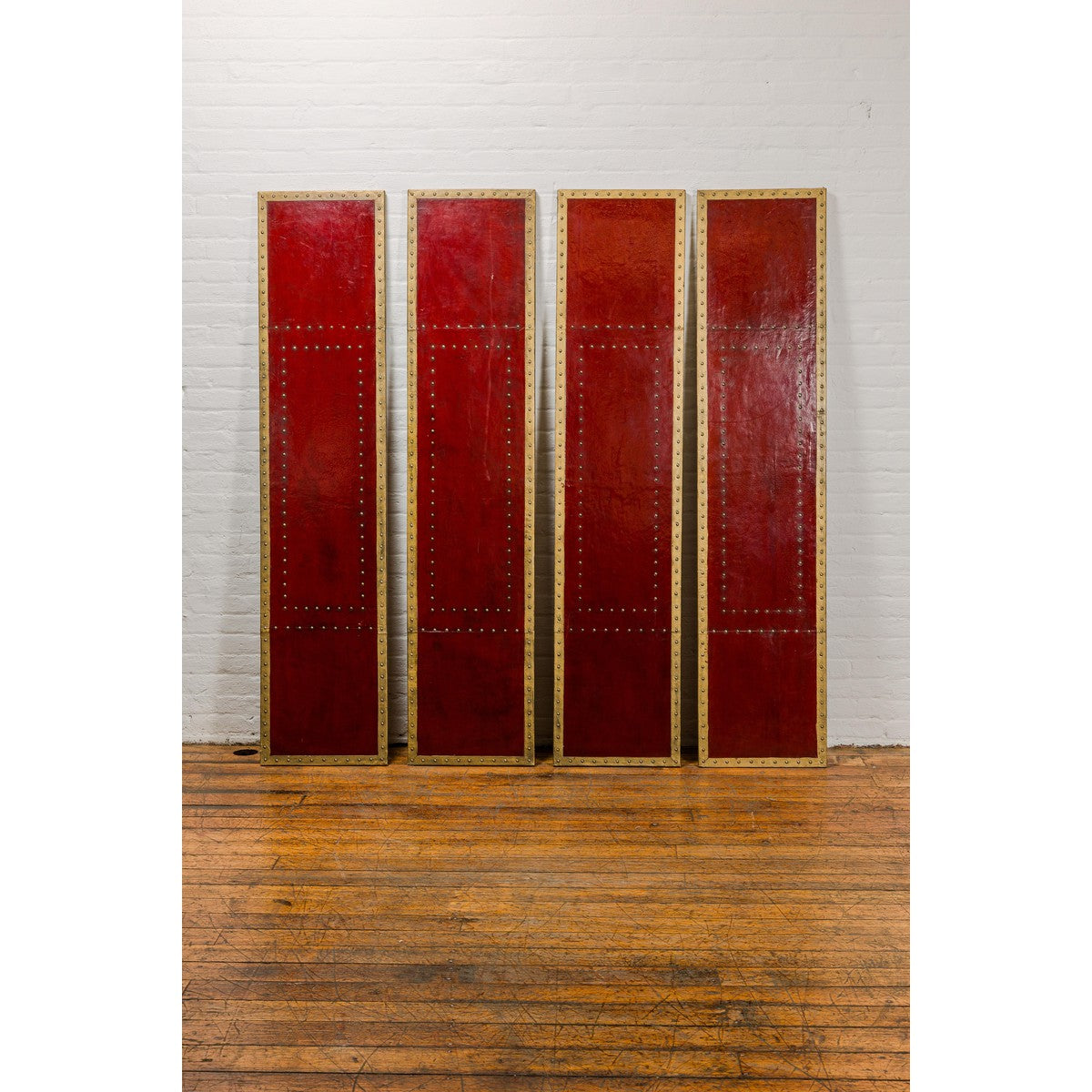Red Lacquered Leather Four Panels with Brass Nailheads Accentuation, Vintage-3. Asian &amp; Chinese Furniture, Art, Antiques, Vintage Home Décor for sale at FEA Home