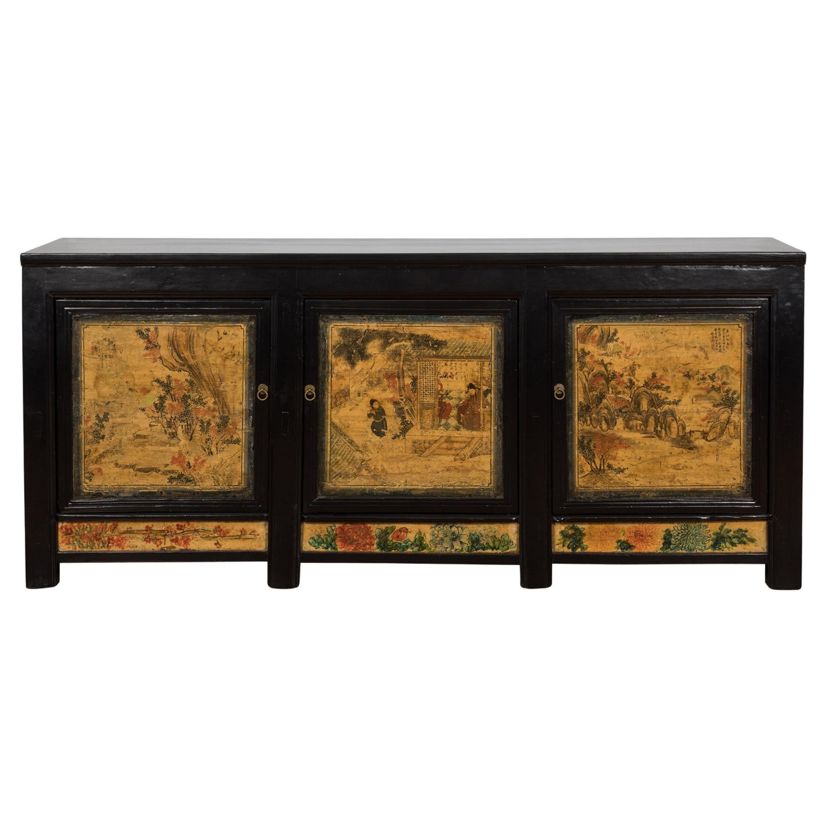 Low Yellow and Black Cabinet with Three Door Paintings-1. Asian & Chinese Furniture, Art, Antiques, Vintage Home Décor for sale at FEA Home