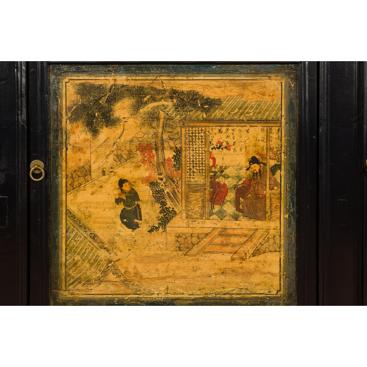 Low Yellow and Black Cabinet with Three Door Paintings-10. Asian &amp; Chinese Furniture, Art, Antiques, Vintage Home Décor for sale at FEA Home