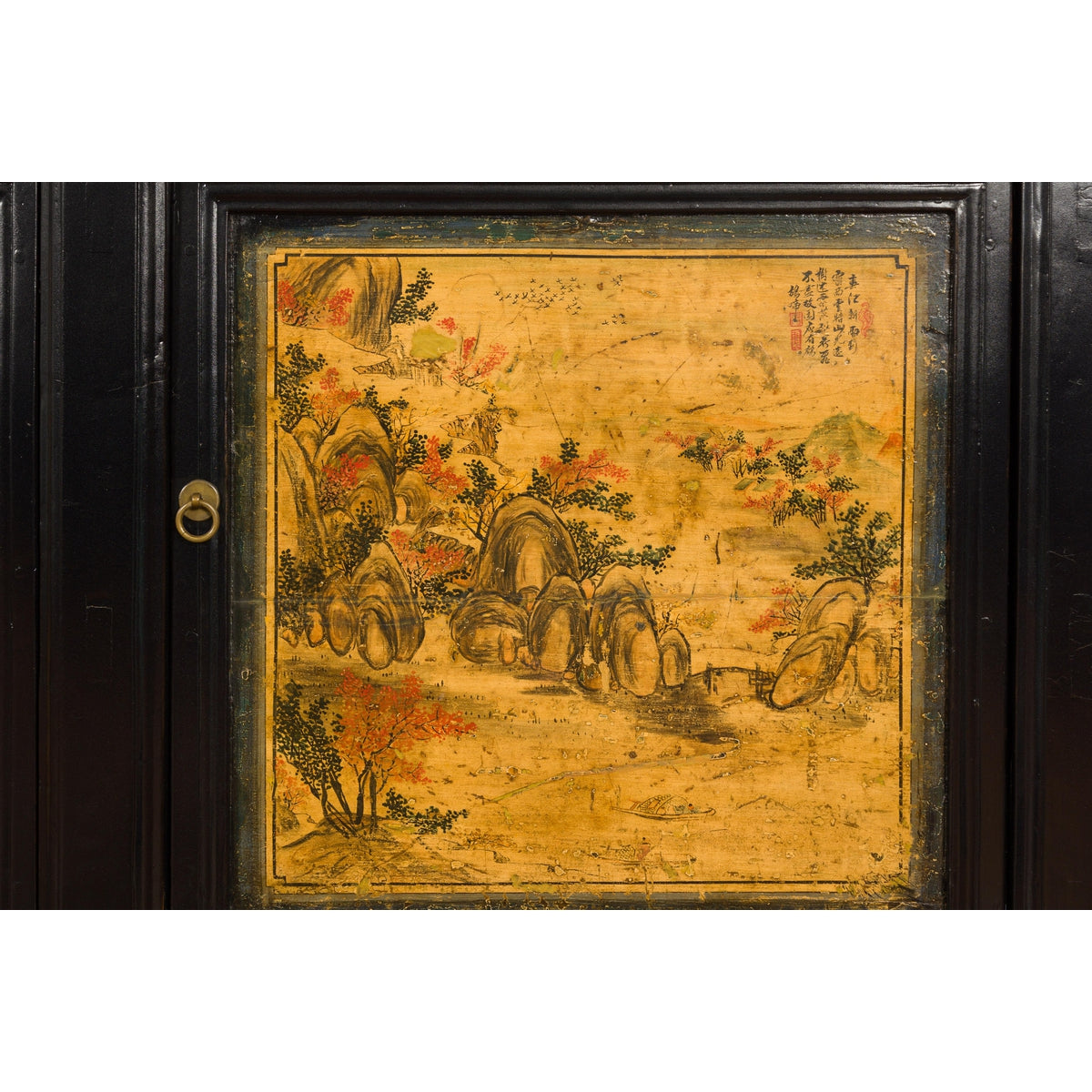 Low Yellow and Black Cabinet with Three Door Paintings-11. Asian &amp; Chinese Furniture, Art, Antiques, Vintage Home Décor for sale at FEA Home