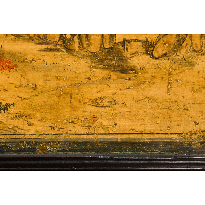 Low Yellow and Black Cabinet with Three Door Paintings-YN7947-14. Asian & Chinese Furniture, Art, Antiques, Vintage Home Décor for sale at FEA Home