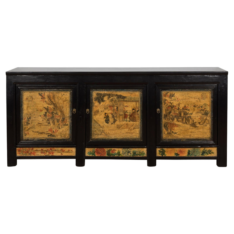 Low Yellow and Black Cabinet with Three Door Paintings-YN7947-1. Asian & Chinese Furniture, Art, Antiques, Vintage Home Décor for sale at FEA Home