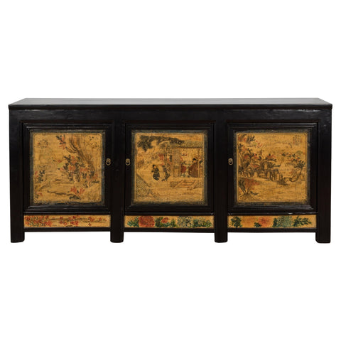 Low Yellow and Black Cabinet with Three Door Paintings-YN7947-1-Unique Furniture-Art-Antiques-Home Décor in NY