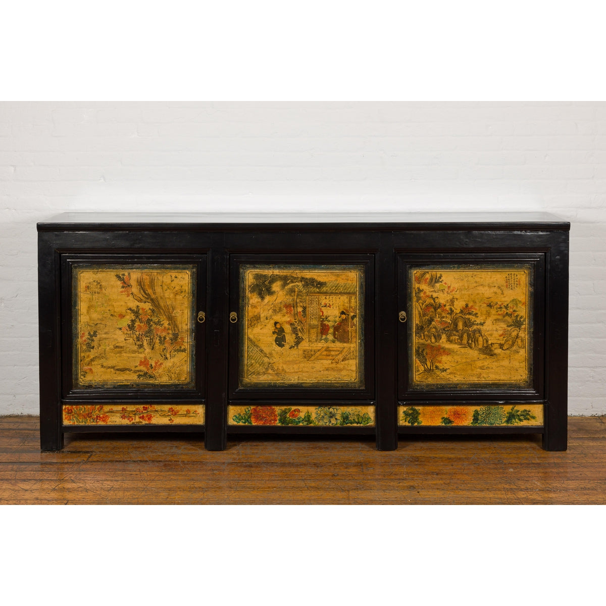 Low Yellow and Black Cabinet with Three Door Paintings-2. Asian & Chinese Furniture, Art, Antiques, Vintage Home Décor for sale at FEA Home
