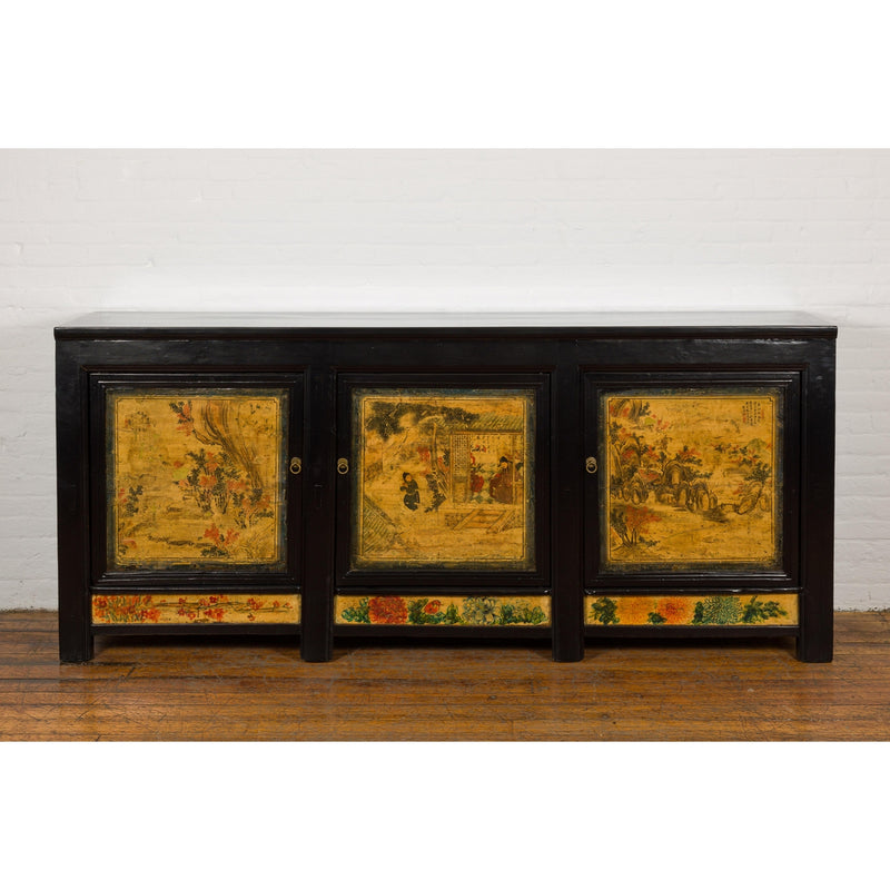Low Yellow and Black Cabinet with Three Door Paintings-YN7947-2. Asian & Chinese Furniture, Art, Antiques, Vintage Home Décor for sale at FEA Home