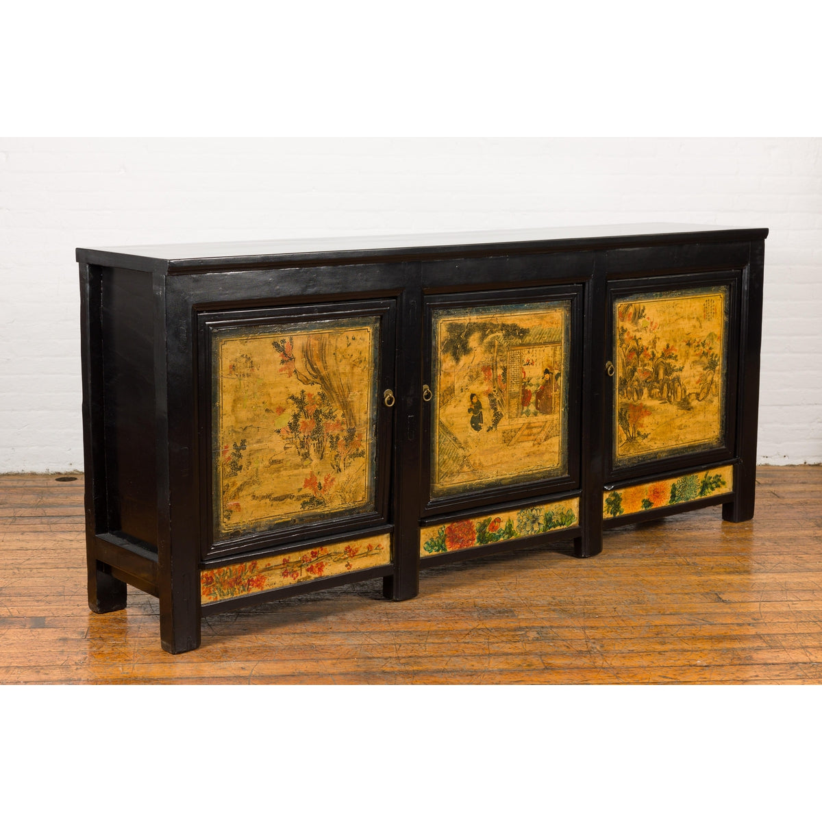 Low Yellow and Black Cabinet with Three Door Paintings-3. Asian &amp; Chinese Furniture, Art, Antiques, Vintage Home Décor for sale at FEA Home