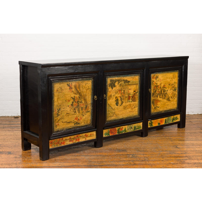 Low Yellow and Black Cabinet with Three Door Paintings-YN7947-3. Asian & Chinese Furniture, Art, Antiques, Vintage Home Décor for sale at FEA Home