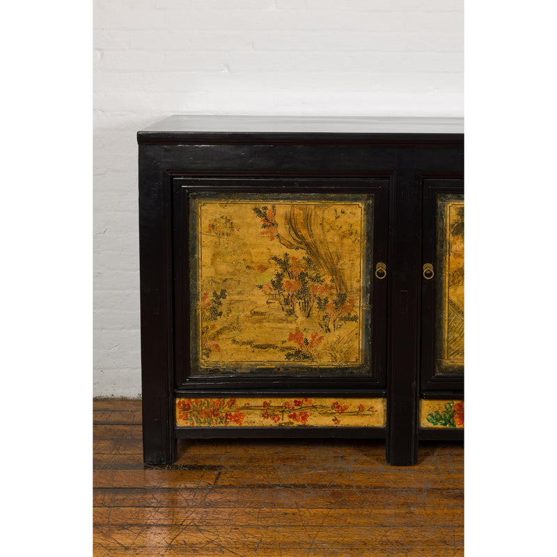 Low Yellow and Black Cabinet with Three Door Paintings-YN7947-5. Asian & Chinese Furniture, Art, Antiques, Vintage Home Décor for sale at FEA Home