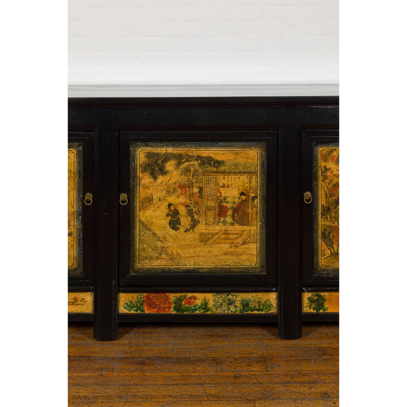 Low Yellow and Black Cabinet with Three Door Paintings-YN7947-6. Asian & Chinese Furniture, Art, Antiques, Vintage Home Décor for sale at FEA Home