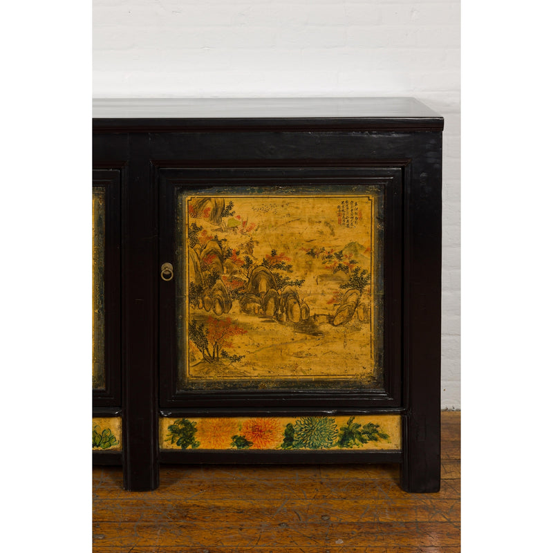 Low Yellow and Black Cabinet with Three Door Paintings-YN7947-7. Asian & Chinese Furniture, Art, Antiques, Vintage Home Décor for sale at FEA Home