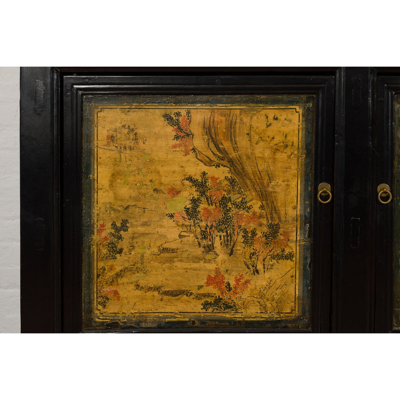 Low Yellow and Black Cabinet with Three Door Paintings-YN7947-8. Asian & Chinese Furniture, Art, Antiques, Vintage Home Décor for sale at FEA Home