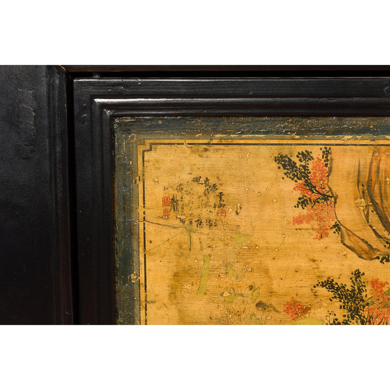 Low Yellow and Black Cabinet with Three Door Paintings-YN7947-9. Asian & Chinese Furniture, Art, Antiques, Vintage Home Décor for sale at FEA Home