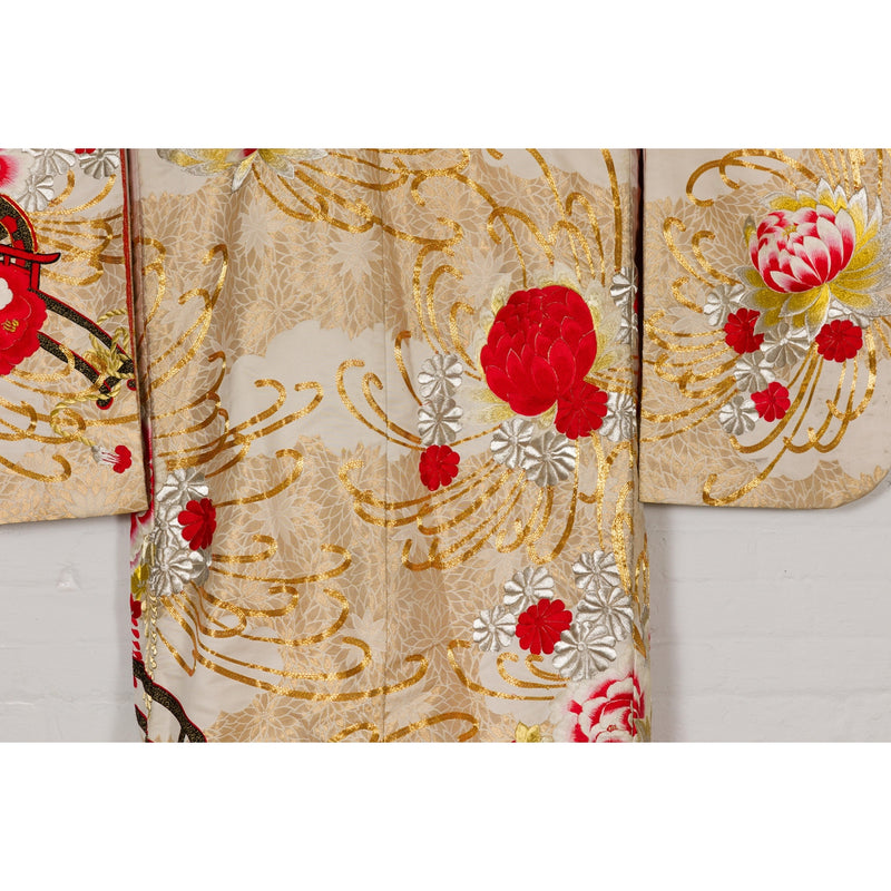 Vintage Silk Kimono with Gold, Silver and Red Embroidery-YN7948-18. Asian & Chinese Furniture, Art, Antiques, Vintage Home Décor for sale at FEA Home