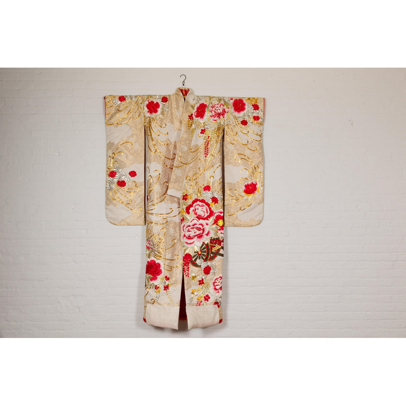 Vintage Silk Kimono with Gold, Silver and Red Embroidery-YN7948-2. Asian & Chinese Furniture, Art, Antiques, Vintage Home Décor for sale at FEA Home