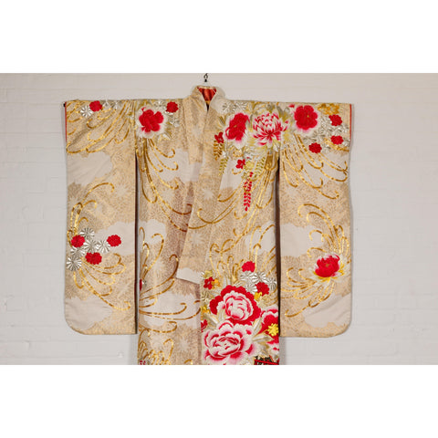 Vintage Silk Kimono with Gold, Silver and Red Embroidery-YN7948-3. Asian & Chinese Furniture, Art, Antiques, Vintage Home Décor for sale at FEA Home