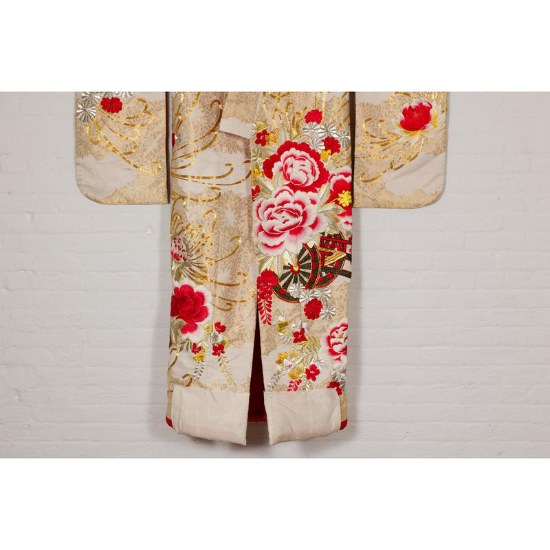 Vintage Silk Kimono with Gold, Silver and Red Embroidery-YN7948-4. Asian & Chinese Furniture, Art, Antiques, Vintage Home Décor for sale at FEA Home