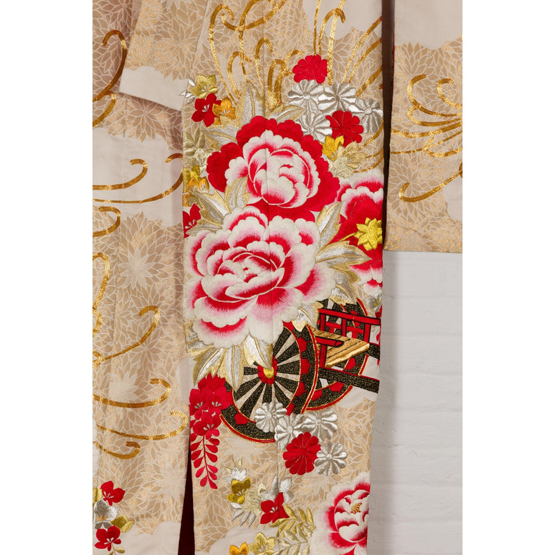 Vintage Silk Kimono with Gold, Silver and Red Embroidery-YN7948-5. Asian & Chinese Furniture, Art, Antiques, Vintage Home Décor for sale at FEA Home