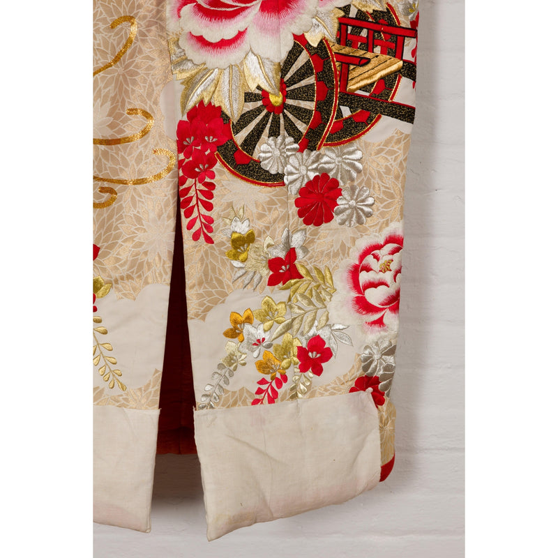 Vintage Silk Kimono with Gold, Silver and Red Embroidery-YN7948-6. Asian & Chinese Furniture, Art, Antiques, Vintage Home Décor for sale at FEA Home