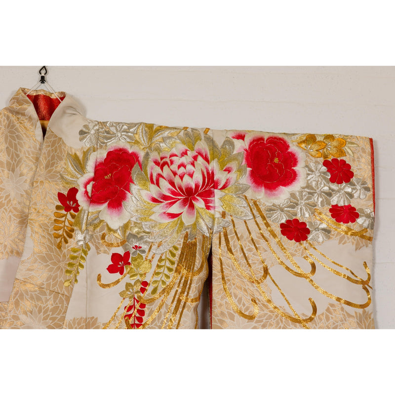 Vintage Silk Kimono with Gold, Silver and Red Embroidery-YN7948-9. Asian & Chinese Furniture, Art, Antiques, Vintage Home Décor for sale at FEA Home