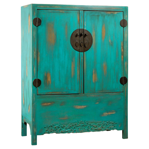 Qing Dynasty Cabinet with Custom Blue Green Lacquer and Carved Apron-YN7949-1-Unique Furniture-Art-Antiques-Home Décor in NY