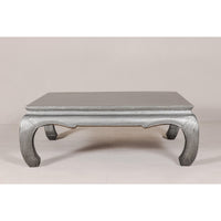 Teak Coffee Table with Custom Silver Patina, Chow Legs and Carved Apron