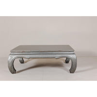 Teak Coffee Table with Custom Silver Patina, Chow Legs and Carved Apron