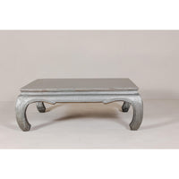 Teak Coffee Table with Custom Silver Patina, Chow Legs and Carved Apron