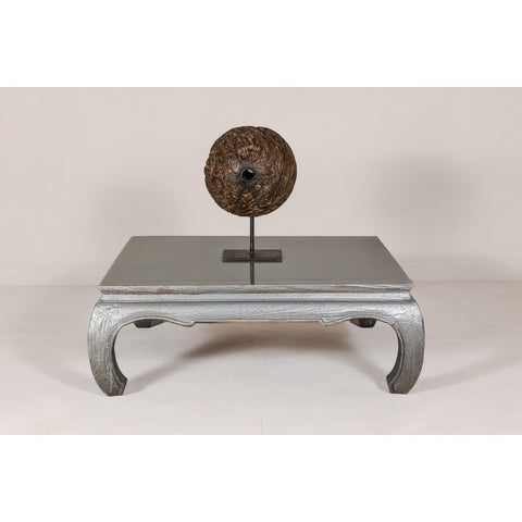 Teak Coffee Table with Custom Silver Patina, Chow Legs and Carved Apron-YN7955-14. Asian & Chinese Furniture, Art, Antiques, Vintage Home Décor for sale at FEA Home