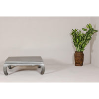 Teak Coffee Table with Custom Silver Patina, Chow Legs and Carved Apron