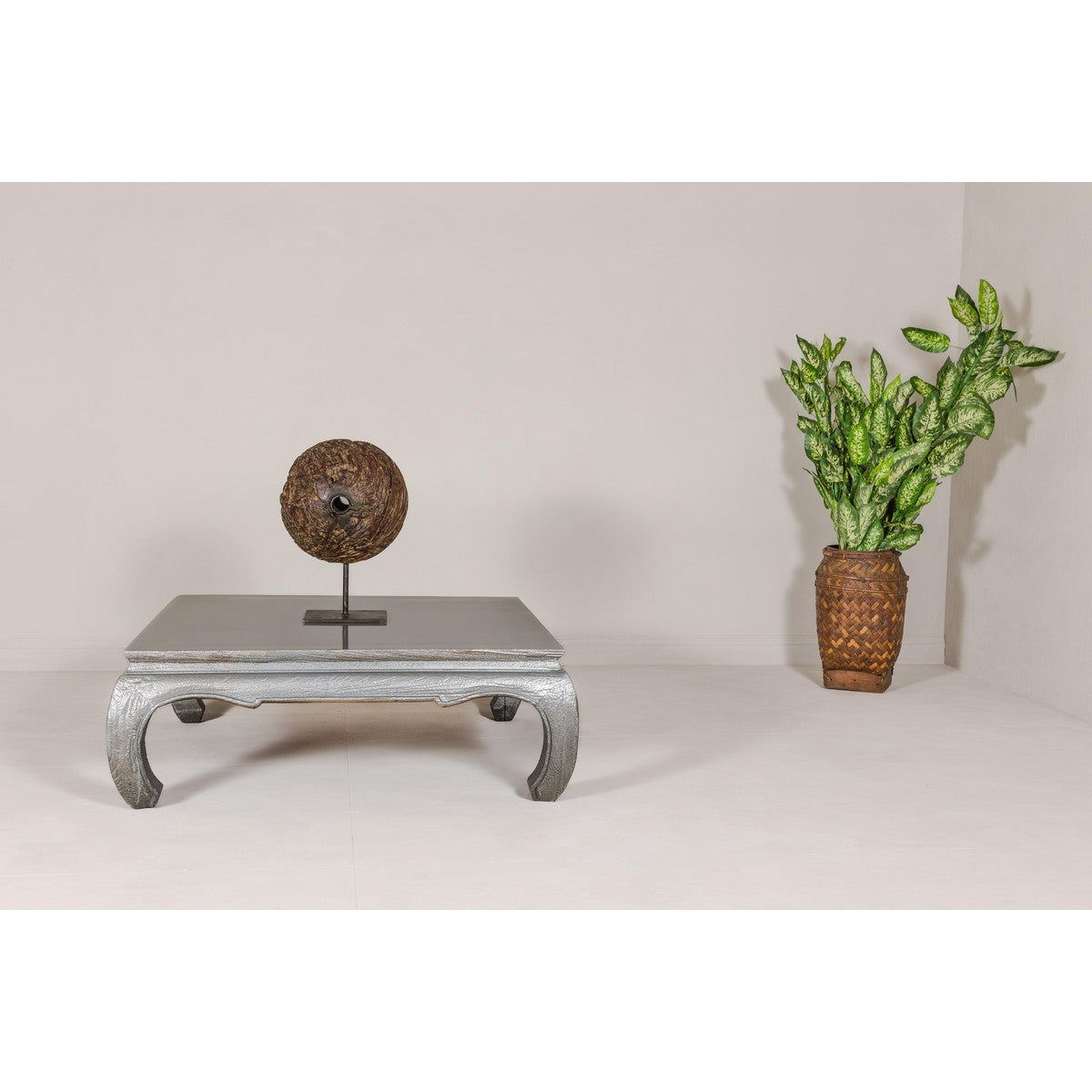 Teak Coffee Table with Custom Silver Patina, Chow Legs and Carved Apron-2. Asian & Chinese Furniture, Art, Antiques, Vintage Home Décor for sale at FEA Home