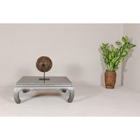 Teak Coffee Table with Custom Silver Patina, Chow Legs and Carved Apron