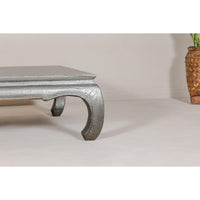 Teak Coffee Table with Custom Silver Patina, Chow Legs and Carved Apron