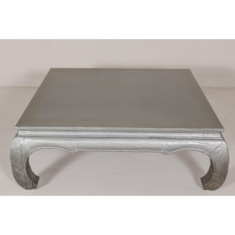 Teak Coffee Table with Custom Silver Patina, Chow Legs and Carved Apron-YN7955-6. Asian & Chinese Furniture, Art, Antiques, Vintage Home Décor for sale at FEA Home