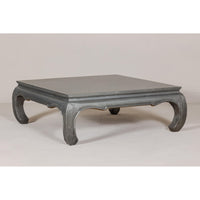 Teak Coffee Table with Custom Silver Patina, Chow Legs and Carved Apron