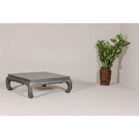 Teak Coffee Table with Custom Silver Patina, Chow Legs and Carved Apron